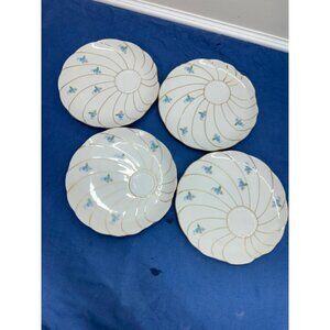Yamaka Blue Floral Design 4 Snack Luncheon Plates Gold Swirls 8"